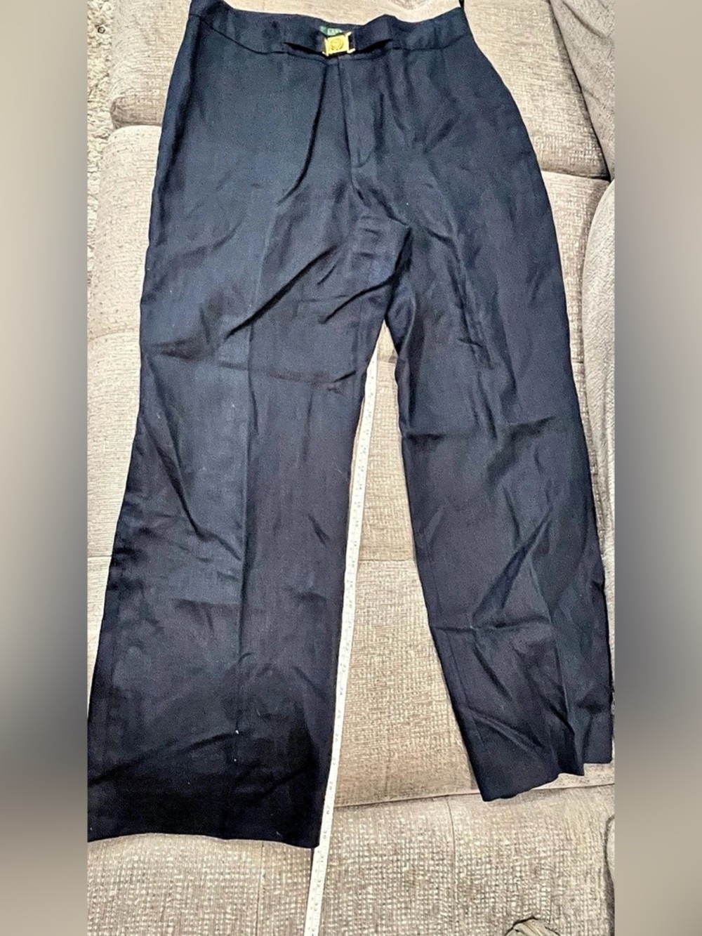 Lauren Ralph Lauren Navy Blue Linen Wide Leg Trousers Gold Buckle